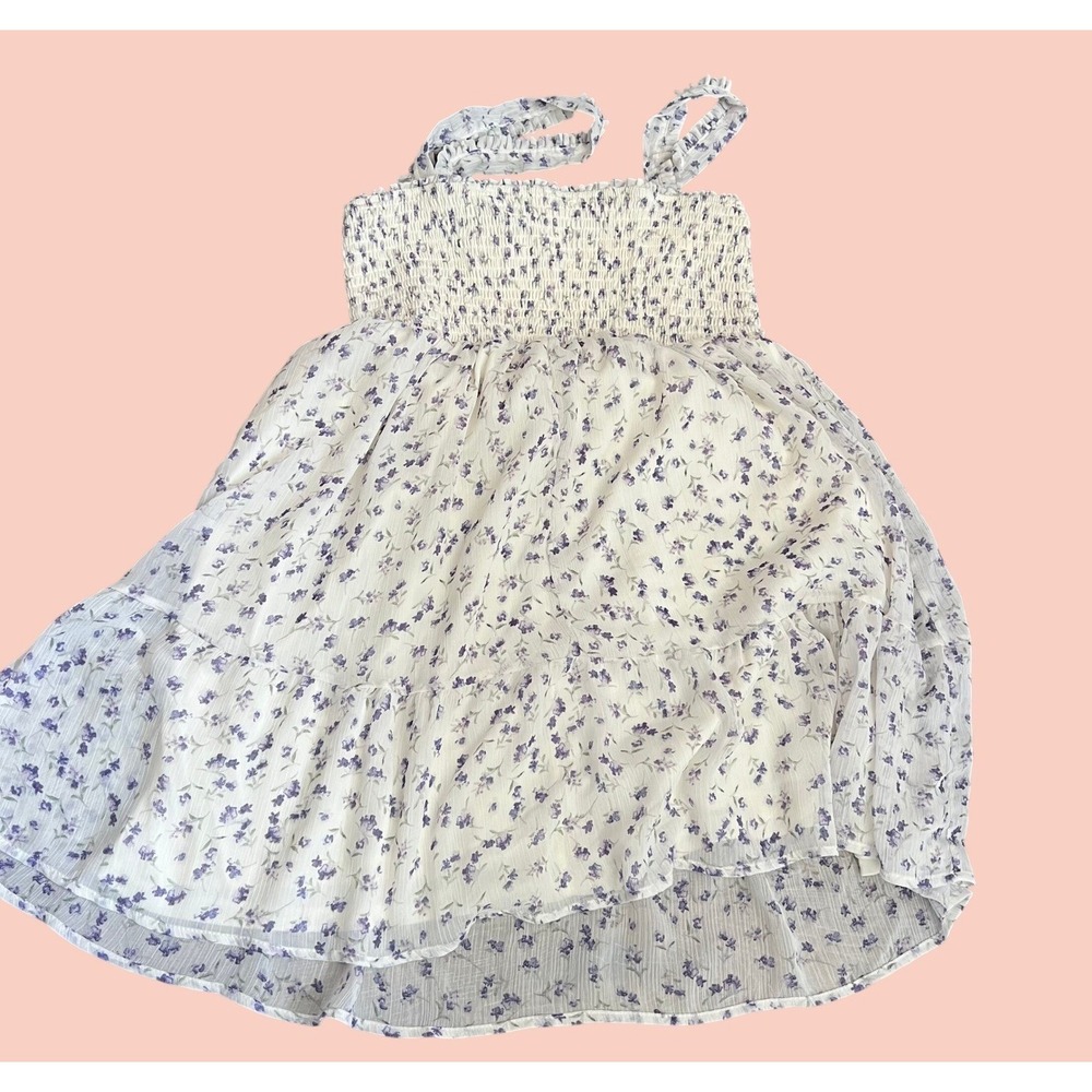 No Comment Women Smocked Bodice Mini Dress Large‎ White Floral Coqeutte Babydoll